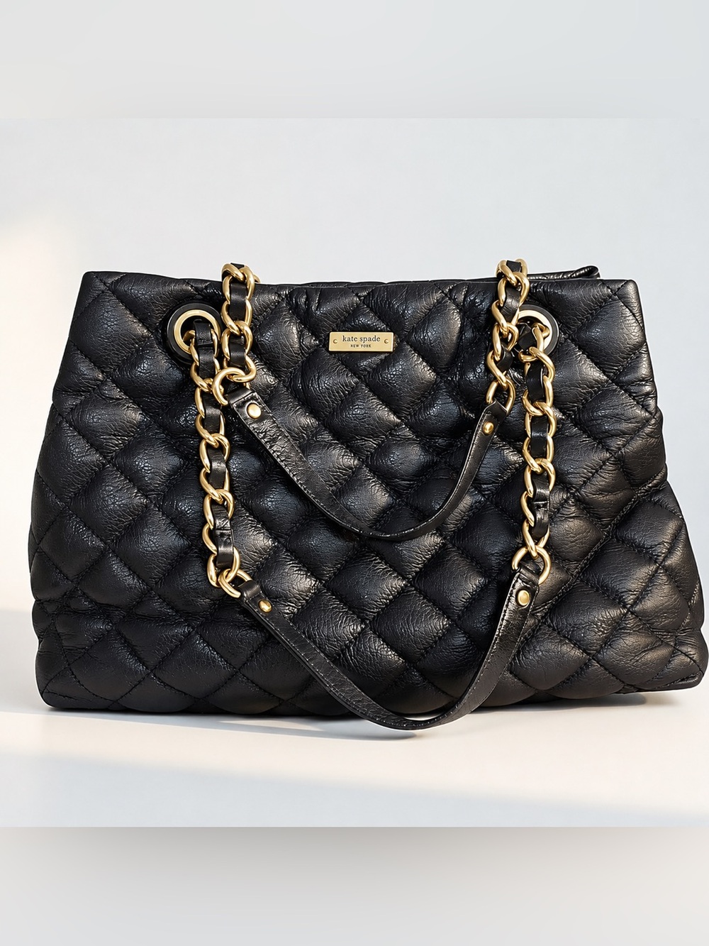 Kate Spade New York Black Quilted Leather Tote Shoulder Bag | Gold Hardware